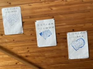 朝の会までに名札をつけるとシールを1枚貼れるというルールでオリジナルの諏訪湖を作っていきました。（1年）